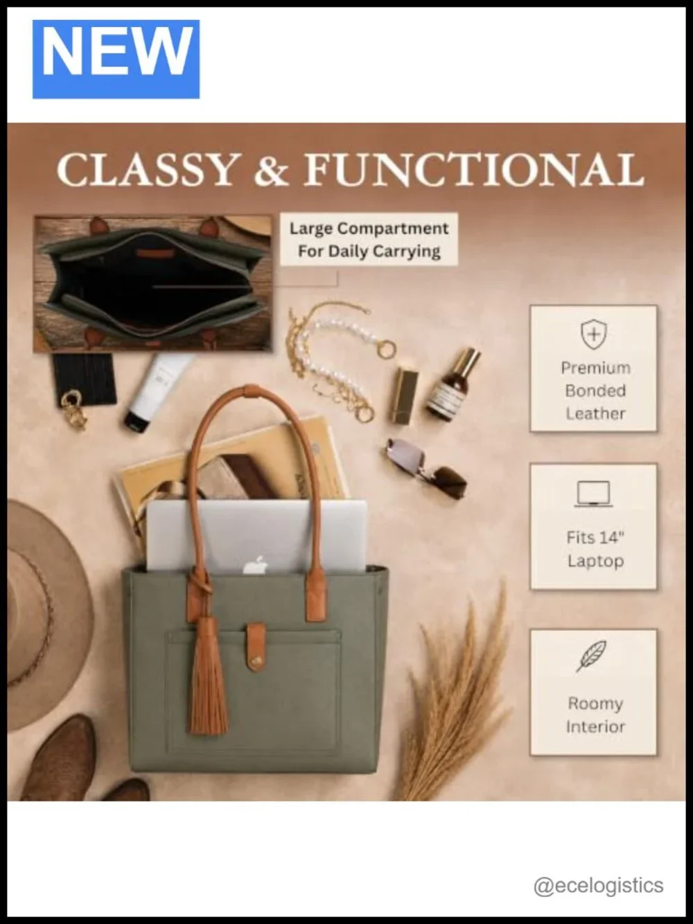 Bonded Leather Tote Bag Lockable Compartment Laptop Work Bag 14